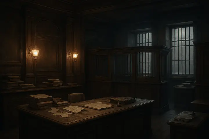 An old, cramped banking room of dark oak counters, high narrow windows and iron bars; piles of ledgers and crumpled papers crowd the benches, and the smell of old leather and ink seems to hang in the air. Gaslight pools in corners, throwing the carved moldings and brass fixtures into hard relief, the whole space sealed and timeworn like a reliquary of caution. No people — only the oppressive stillness of institutional order.