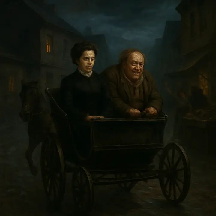 A moonlit, hurried elopement: a carriage rattles away from a grand provincial house as Adelaida Ivanovna Miusova sits upright and resolved inside, a dark, proud beauty, while Fyodor Pavlovich Karamazov, small and oddly elated, peers back with a mixture of triumph and flattery. Shadows of the family estate and startled servants recede; the air is charged with romantic bravado and the theatricality of their impulsive escape.