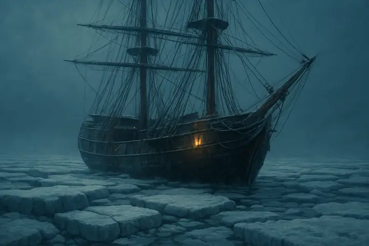 The whale ship lies moored among broken floes, her blackened hull streaked with salt and crusted frost, masts and rigging etched starkly against a pale sky. Ice presses along the sides and a thin veil of snow dusts the tarred deck and capstans, the vessel poised and motionless as if waiting for the thaw to free her.