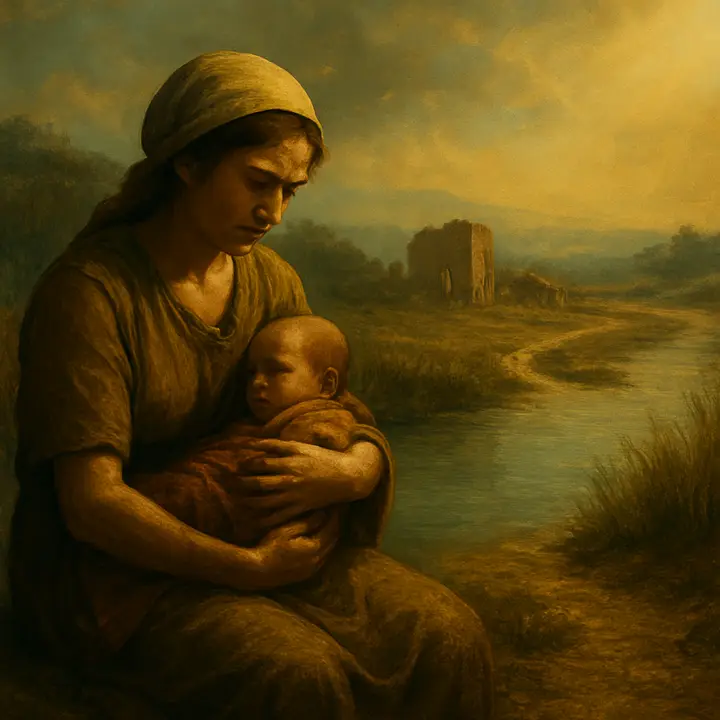 A young mother by a narrow, slow river (the Meles) cradles an infant while distant fields and a ruined hut suggest poverty and exile; the child's face is half-shadowed, hinting destiny and later blindness. Nearby, a road leads away toward unknown cities—travel, abandonment and the fragile origins of a great voice are all in one mournful tableau.
