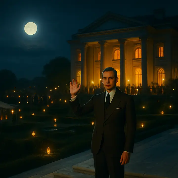 Gatsby stands alone on the wide marble steps, his posture stiff and correct, hand raised in a formal farewell while the mansion behind him rings with laughter. He is illuminated against the riot of the garden, oddly distant and solitary despite the host’s role.