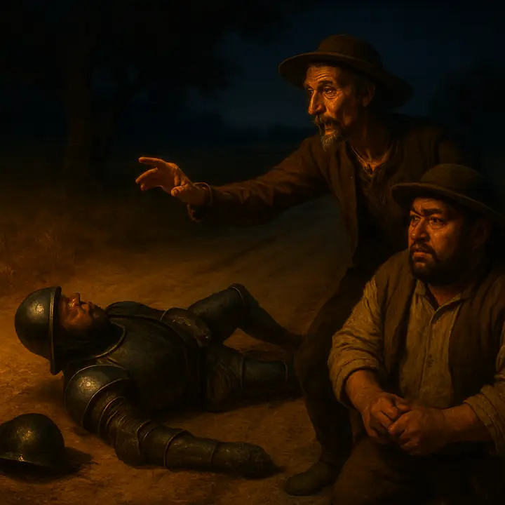A sudden clatter breaks the night as two horsemen appear; one flings himself from his saddle, armor jangling, and collapses to the ground as he orders his companion to strip bridles for grass. Don Quixote startles awake, faces aglow with eager expectation, and shakes Sancho: “Brother, we have got an adventure,” the instant of resolve and comic heroism beginning. The contrast between the fallen, rattling armor and Don Quixote’s roused, exalted stance heightens the moment’s drama.