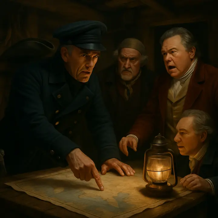 Captain Smollett, sharp-featured and sullen, stands over a low cabin table, accusingly pointing at an open chart that shows latitude and longitude while the others react around him. Mr. Arrow greets and tries to soothe, Squire Trelawney is flushed and indignant, Dr. Livesey leans forward with a calming hand, and young Jim Hawkins watches from the doorway, tense and wide-eyed. The cramped lamp-lit cabin feels claustrophobic, the air thick with distrust and the sinister suggestion that the treasure secret has already been blabbed.