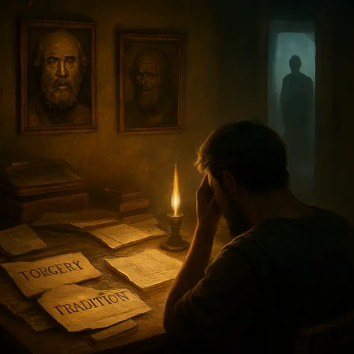 A cramped, lamplit study strewn with torn biographies, annotated manuscripts and competing portraits of a single poet; a modern critic leans back, exasperated, while the ghostly suggestion of a blind singer's silhouette haunts the doorway. Papers labeled 'forgery', 'tradition', and 'probability' flutter as a gust disturbs the lamp flame, symbolizing scepticism rising with knowledge.