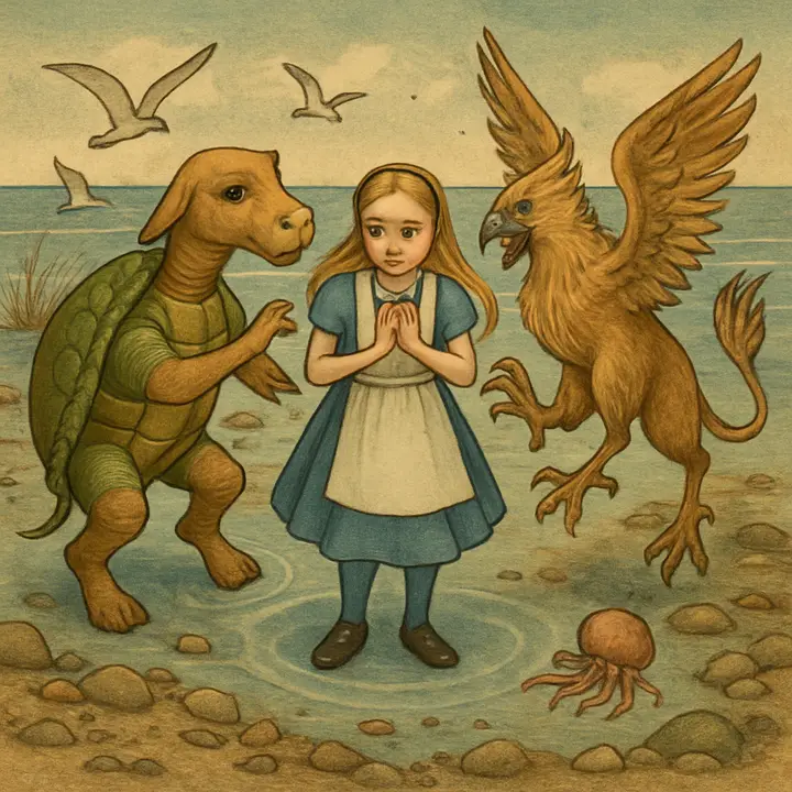 The Gryphon and the Mock Turtle are performing the Lobster Quadrille, solemnly circling Alice, capering and waving forepaws while at times treading on her toes; the Mock Turtle sings sadly as the two creatures make exaggerated, dancing gestures and leap into comic poses. Sea-gulls and jelly-fish silhouettes and the shingle-strewn beach punctuate the absurd, choreographed chaos.