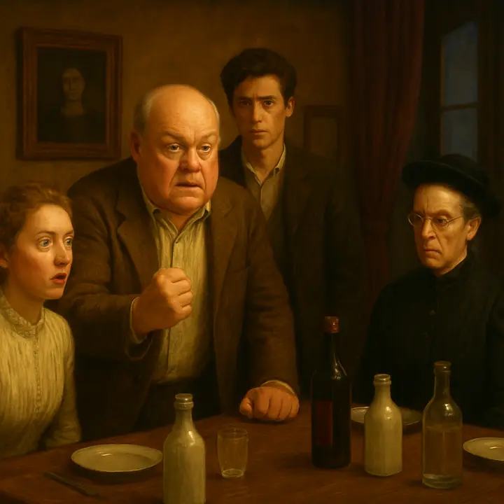 The fair, shaven-faced old man, Mr. Emerson, suddenly pounds the table and offers to swap rooms so his son George can take Lucy and Charlotte's place; George stands sombrely beside him. Neighbors glance up in embarrassment; Miss Bartlett flushes with affronted mortification while Lucy looks startled. Emphasize the raw intrusion and social awkwardness as the pension's conversation halts.