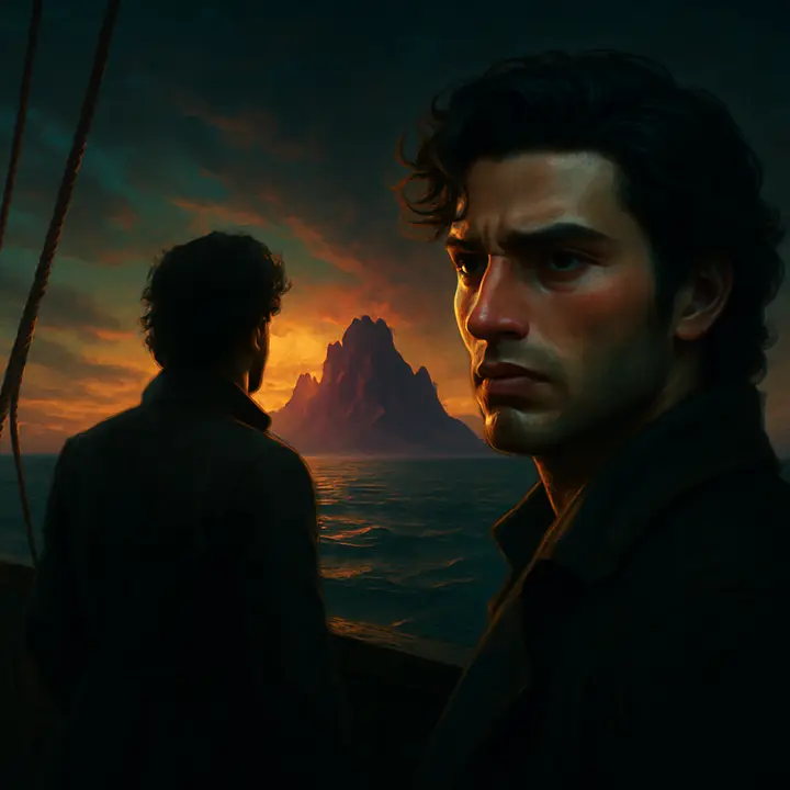 The peak of Monte Cristo looms on the horizon at sunset, its rocks reddened by the dying sun; Edmond watches intensely, cheeks flushing and brow darkening with mingled hope and fear. The island's violet and pink cliffs cut a stark silhouette against the lowering sun, sending a shiver of longing through him. Emphasize his emotional tension as the island becomes almost palpably close.