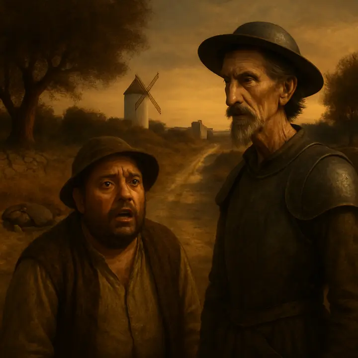 Night camp; Don Quixote and the boasting knight agree to fight at dawn while the squires lie snoring nearby. Sancho Panza is roused, aghast and trembling, as he is told his master will risk a bloody single combat at sunrise.