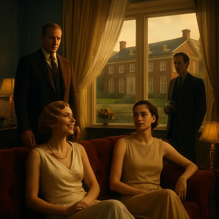 A warm breeze lifts pale curtains like flags in a rosy drawing room where two young women in white recline on an enormous couch — Daisy laughing, vivacious and fragile, and Jordan motionless, chin tilted and cool. Tom hovers nearby, brusque, while Nick stands awkwardly at the edge of the scene, drinking it in as candlelight and soft afternoon glow pick out faces and lacquered furniture.