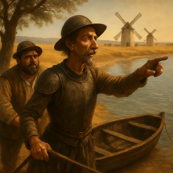 Late-morning sunlight on a gentle riverbank as Don Quixote, rapt and dreamy, points toward the bright Ebro while a small unrowed skiff lies tied to a tree. Sancho stands half-sullen, half-afraid, urging caution; their beasts are tethered nearby, restless. The air feels expectant — Don Quixote already imagining enchantment as he leaps into the boat.