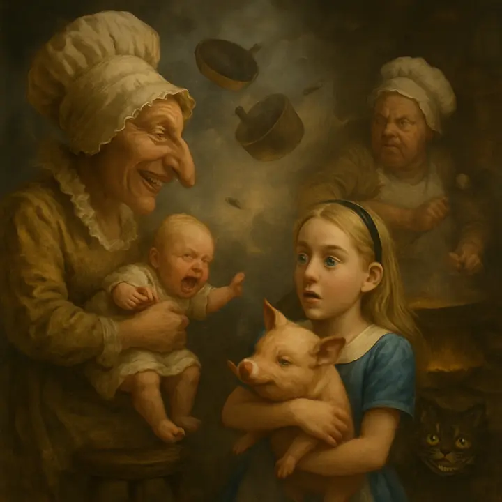 A smoky, chaotic kitchen: the Duchess perched on a three-legged stool nursing a struggling baby while the Cook hurls pots and stirs a peppery cauldron; a cloud of pepper sends everyone sneezing except for the Cheshire Cat, who grins on the hearth. In one violent, comic instant the Duchess flings the wriggling child at Alice — Alice catches it awkwardly and watches, horrified and fascinated, as it suddenly becomes a trotting pig in her arms.