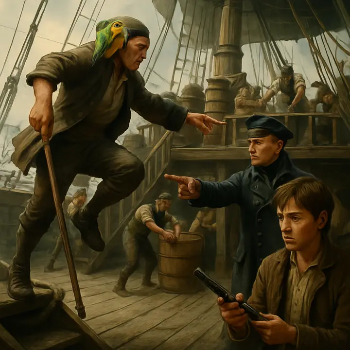 Long John Silver springs up the ship's side like a monkey, landing amid the bustle as crewmen hoist barrels and shift powder across the deck; his tall, agile figure contrasts with the heavy, anxious labor. Captain Smollett, stern and uncompromising, suddenly spots Jim fingering a brass musket component and barks an order, sending the boy shamefaced toward the cook with the curt warning to get to work. The deck is a collision of motion and mistrust—sailors hauling, the mate supervising, and beneath it all the simmering threat of mutiny.