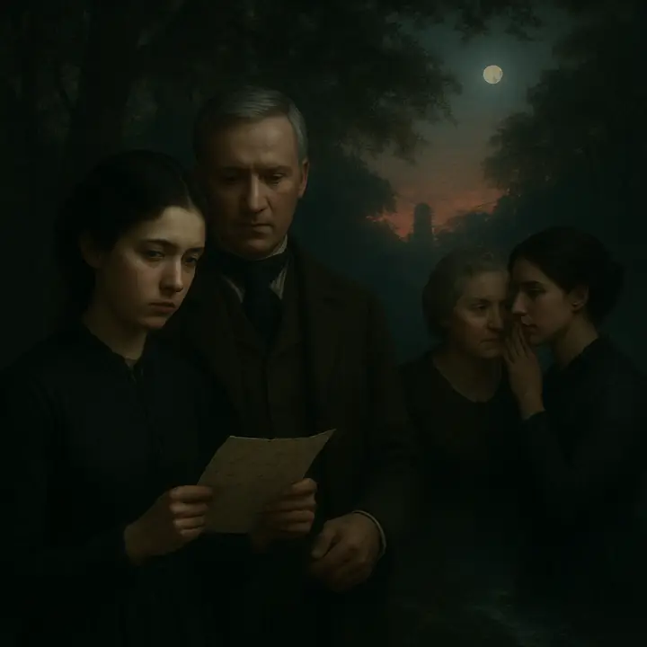 Twilight beneath magnificent lime trees: Laura and her father stand close together reading a distraught, ink-stained letter while the crimson sun sinks and a thin mist creeps over the sward. Madame Perrodon and Mademoiselle De Lafontaine linger nearby, whispering about the moon as the stream flashes under an old Gothic bridge and a ruined tower silhouettes in the distance.