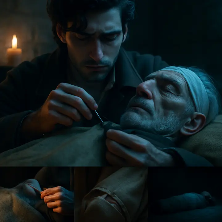 In the other cell the dead abbé lies now on Dantès' bed with the rag tied around his head; Edmond presses his lips to the ice-cold brow, tries to shut the glaring eyes, then strips, climbs into the empty sack, and, from inside, sews the mouth closed with trembling hands. The cramped interior, the scent of canvas and metal, and the muffled noises outside make every stitch an act of desperate hope.