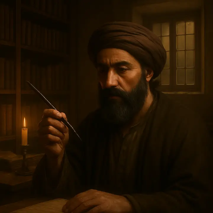 Alone in a dim study lined with books, Cide Hamete Benengeli pauses and holds up his pen as if addressing future readers, then hangs it on a hook—an act of finality and warning to any who would disturb the dead knight's rest. The candlelight flares on the spines of dusty volumes as the chronicler delivers his admonitory farewell.