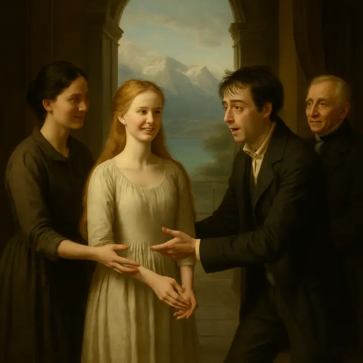 In the villa's hall, a slightly older Victor gapes with childish seriousness as his mother presents Elizabeth to him like a precious gift; Elizabeth stands composed and luminous, while the family around them beams with fond admiration, making the moment feel like a consecration of their bond. Victor's possessive pride and delighted reverence are visible in his posture—already seeing her as 'his' companion.
