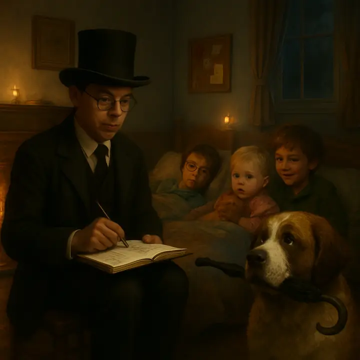 Mr. Darling hunched at the bedside with a ledger and pencil, tongue peeking as he absurdly tabulates the costs of mumps and measles, while the three children squirm under blankets. Nearby Nana, the faithful Newfoundland, butts them into line and holds an umbrella in her mouth, a comic and protective presence in the cramped nursery.