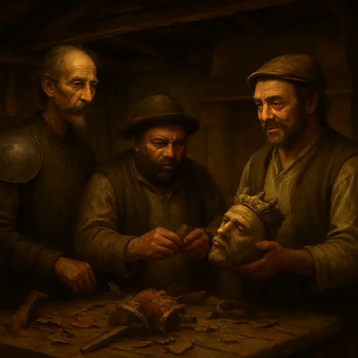 The wreckage strewn across the inn floor — shattered puppets, bloody paint and broken scenery — while Don Quixote, composed again, solemnly declares he has freed the lovers and offers to repair the damage. Sancho counts out coins with pragmatic concern and the innkeeper inspects a crushed king’s head, appraising damages; a hush of embarrassed awe hangs over the ruined theatre. The mood is a strange mix of heroism and awkward restitution as payment is handed over and apologies are made.