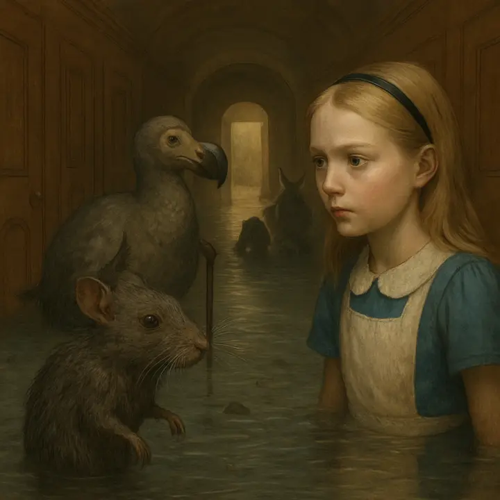 A crowded, bedraggled assembly of creatures splashes toward the shoreline: Alice leads a wet, indignant Mouse and the stout, fanning Dodo, all dripping and surrounded by rippling reflections. The Mouse, pale and trembling with passion, turns to Alice on the shore, preparing to tell its history while the other odd creatures gather, exhausted and glancing about.