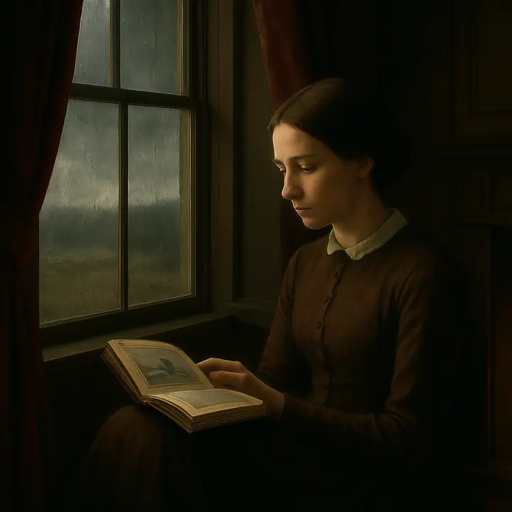 Jane curled up cross-legged in a deep window-seat, half-hidden by a drawn red moreen curtain; the open Bewick book rests on her knee showing a bleak engraving of a lone rock and storm-tossed sea while a raw November wind lashes the wet lawn outside. A shaft of cold light from the grey sky catches the edge of her pale, intent face as she reads, shut away from the happy group in the next room.