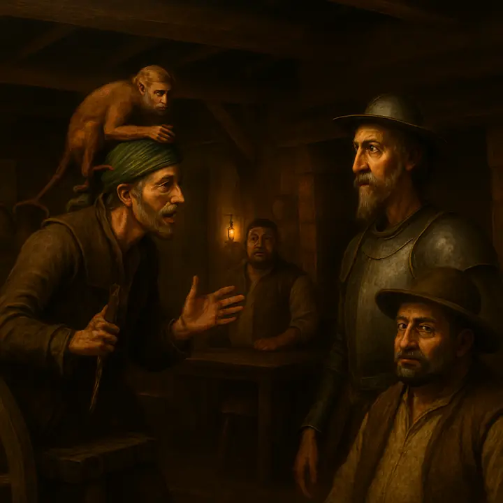 A clattering cart arrives at the inn and a man with his left eye and half his cheek swathed in green taffeta leaps down, beckoning the crowd to behold his tailless ape and the advertised theatrical 'Release.' The inn buzzes as Don Quixote and Sancho edge forward and the Innkeeper commands the showman to bring in his wonders.