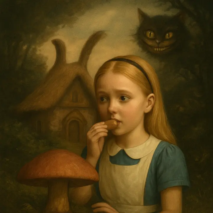 Alice, having set the little pig down, stands before the March Hare’s house (chimneys like ears, fur-thatched roof) and nibbles the left-hand bit of a mushroom; she begins to change — growing to two feet — as she eyes the strange house, half afraid it will be raving mad. A faint grin from the Cheshire Cat seems to hover in the branches above as twilight falls.