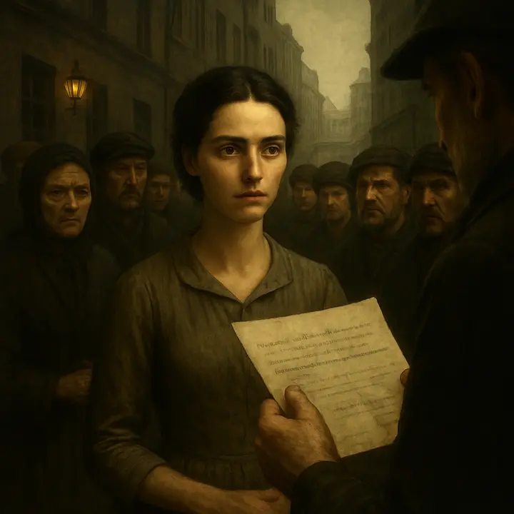 The scandal dissolves: townspeople now receive Dounia with marked respect as a letter of her innocence is read aloud. She stands modestly among onlookers, astonished and pained yet dignified as whispers turn to apologies and deference.