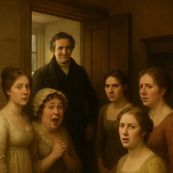Mr. Bennet appears in the doorway with a half-smile and the casual triumph of someone who has just been one step ahead: he announces that he has already visited the new gentleman, leaving the room agape. The sisters react in stunned, varied poses—joy, annoyance, disbelief—while Mrs. Bennet clutches her hands to her chest in vindicated delight.