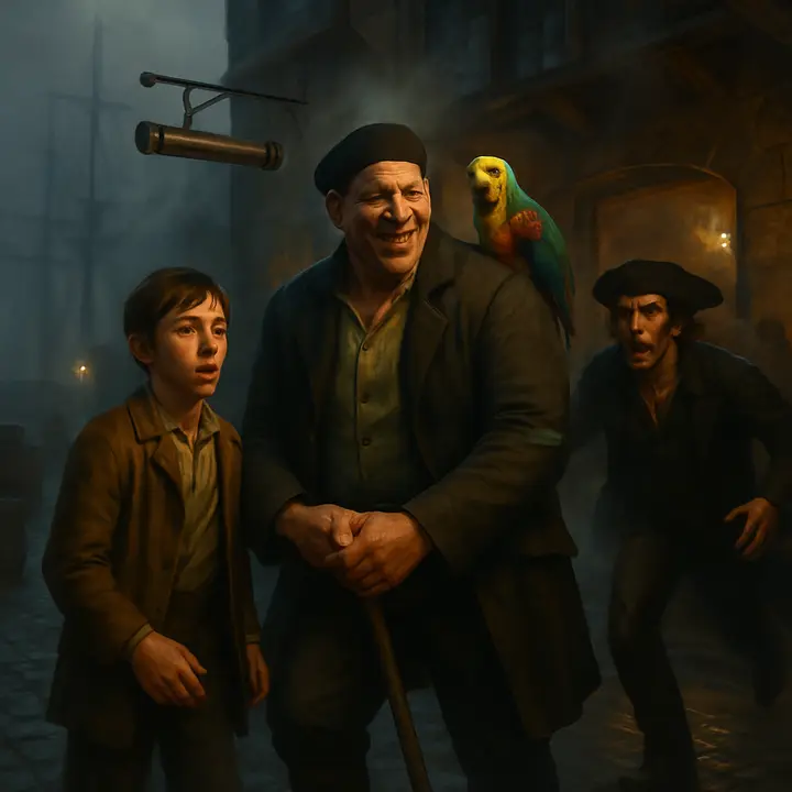 Outside a neat tavern on the busy Bristol quay with a brass telescope sign and red-curtained windows, Long John Silver hops out on a crutch, his missing left leg stark against the cobbles, whistling with a broad, ham-like face. Clouds of tobacco smoke and roaring seamen frame the moment as Black Dog bursts forth in fury and Jim cries out—Silver's disarming grin and hearty handshake contrast with the sudden menace of the fleeing man.