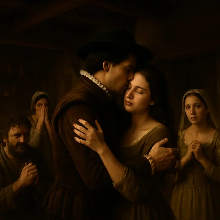 Convinced by the moving appeal, Don Fernando kneels, embraces Dorotea and presses his face to hers as he confesses his change; the assembled company breaks into tears of pity and joy—Cardenio and Luscinda kneel to thank him while Sancho Panza weeps among the crowd. There is a sudden outpouring of relief and reconciliation, faces wet with tears, hands clasped in forgiveness.