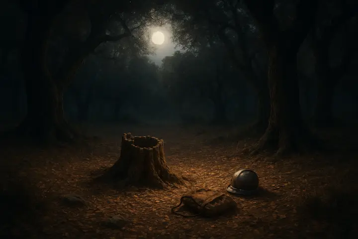 A small moonlit glade opens among gnarled cork and towering oak trunks, a carpet of fallen leaves and a hollow stump at its heart catching pale light; the air seems to hold sound in suspension. Nearby, a discarded leather satchel and a battered helmet glint faintly, half-buried in leaf litter, hinting at vigil and waiting without a single figure in view.