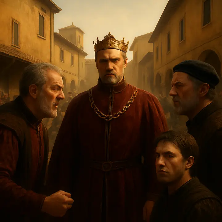 The crowded street erupts into full combat until Prince Escalus and his retinue burst through the melee, a stern, purple-faced authority towering above the clashing crowd. Capulet and Montague, breathless and enraged, are brought before the Prince as the civic peace hangs on his every word.