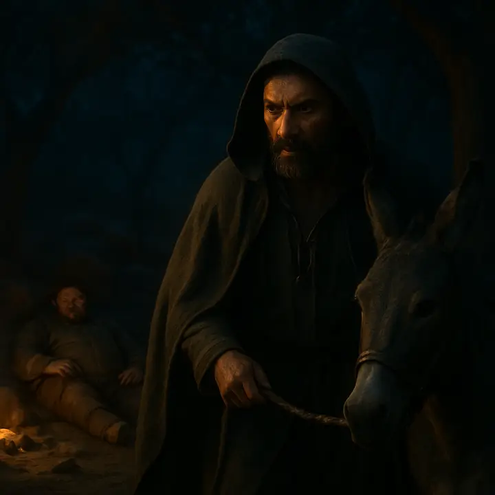 Night among cork trees: a furtive Ginés de Pasamonte slips through boulders under a moonlit canopy and unhooks Sancho's stolen ass, leading Dapple away in silhouette. The camp is silent and shadowed; sleeping figures and overturned packs suggest sudden, secretive theft.