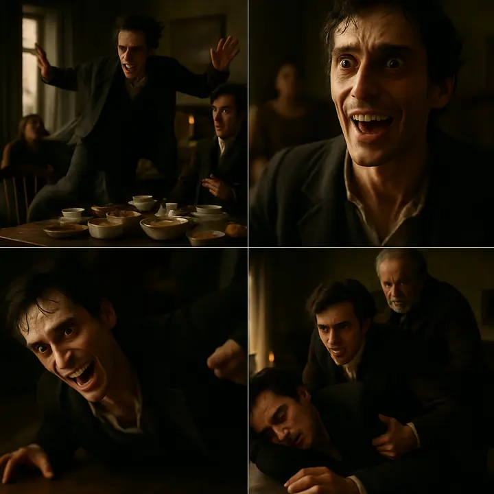 A chaotic breakfast scene where Victor, newly returned, bursts with an unnatural, frantic energy: he leaps over chairs, claps and laughs with a wild, terrified brightness, veins visible at his neck, then suddenly struggles and collapses to the floor in a convulsive fit as Henry rushes forward in alarm. The room’s cheer turns to tense concern as Clerval tries to steady him and conceal the severity.