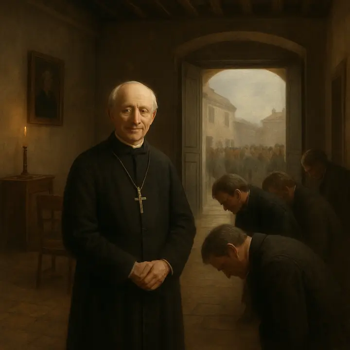 The Episcopal Palace of Digne: Bishop Myriel, now installed, stands modestly in an ornate reception hall as the mayor and other civic officials bow and present themselves; beyond the open doors the town looms, a quiet crowd waiting to see how their new bishop will act. Emphasize the contrast between the chamber’s official pomp and Myriel’s soft, approachable posture — he is small among ceremonial trappings yet radiates warmth. The picture should show the civic ritual stalled by the man’s gentle humanity, the town’s curiosity palpable at the threshold.