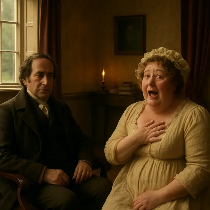A quieter, telling tableau: Mr. Bennet sits composed and sardonic in his armchair, half in shadow, observing with amused reserve; across from him Mrs. Bennet is flushed and dramatic, hand to her chest as if faint, eyes wide with nervous excitement about marrying off their daughters. The composition contrasts his calm, ironical solidity with her fretful, high-strung energy, summing up their domestic character.