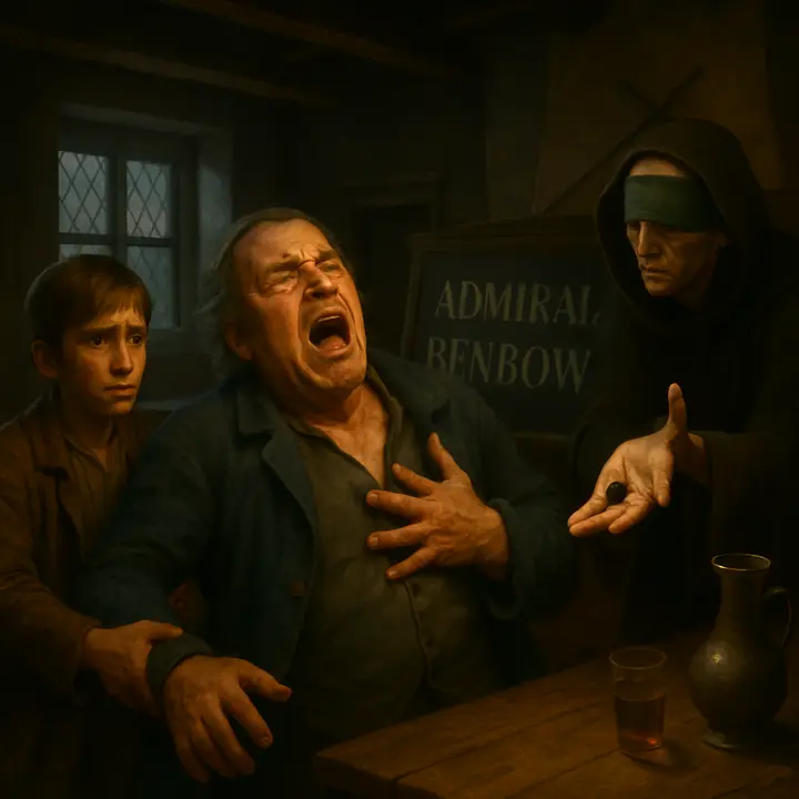 Inside the parlour Jim forces Billy Bones’s left hand into Pew’s, and the blind man slips the fatal token into the captain’s palm; Billy Bones glances down, his face changing from greedy elation to mortal terror as he cries, 'Ten o'clock! Six hours!' and then springs up only to fall forward dead. The room erupts in stunned silence, the black spot stark in the captain’s hand and Pew’s tapping fading outside.