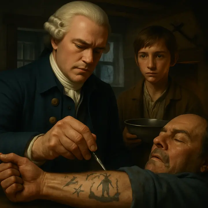 After the scuffle and the captain's collapse, Dr. Livesey rips up Billy Bones's sleeve to reveal the tattooed forearm—a gallows and hanged man among sailor motifs—while Jim Hawkins holds a basin and the doctor prepares a lancet for bloodletting. The captain lies pale and half-unconscious nearby, eyes glazing, as the doctor speaks grimly about rum and strokes, the room heavy with the smell of iron and the urgency of the moment.