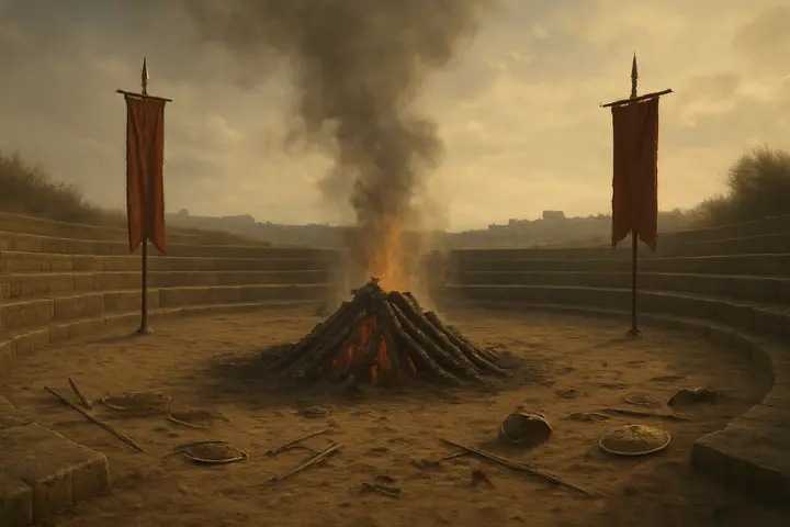 A blackened funeral pyre smolders at the centre of a leveled arena, charred timbers and scattered funerary trappings strewn across churned sand. The circular games-ground rims the pyre — ruts of hooves and broken spears, laurel wreaths and overturned shields lie abandoned beneath a sky heavy with backlit smoke, Troy's walls a muted silhouette on the far horizon.