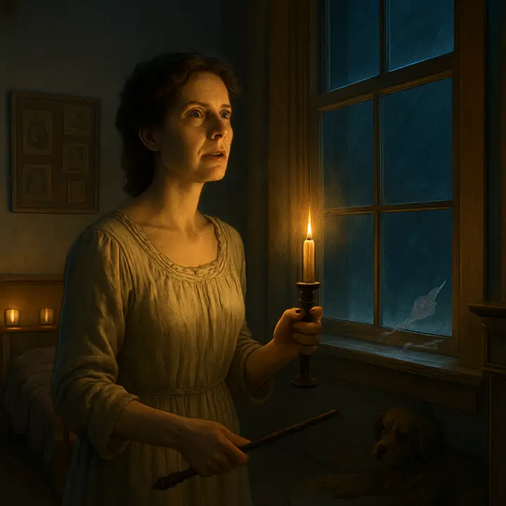 Morning frost and scattered skeleton leaves lie on the sill thirty feet above the street; Mary Darling stands on a chair inside the nursery, candle and poker in hand, peering upward as if trying to bridge the impossible height. The scene feels oddly eerie—a grown woman confronted with inexplicable traces of a child's night-time visitor.