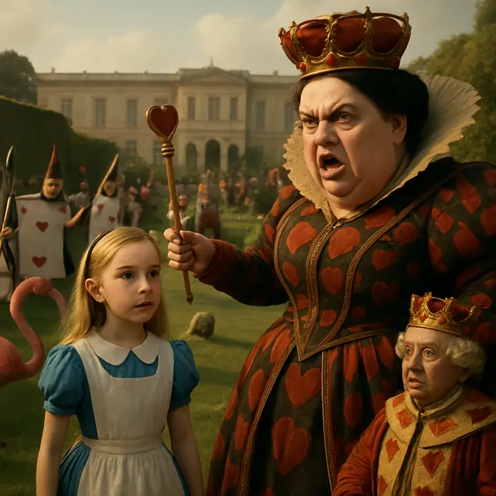On the Queen's Croquet Ground & Palace the Queen of Hearts, resplendent in red, bellows an accusation while a flamingo arcs in mid-swing and hedgehogs scurry as croquet balls; card-soldiers and courtiers jostle around a small, bewildered Alice who stands in the chaos, trying to make sense of the absurd game. The palace and its banners loom behind them as the moment freezes on the Queen's furious face, the lawn a collage of motion and comic menace.