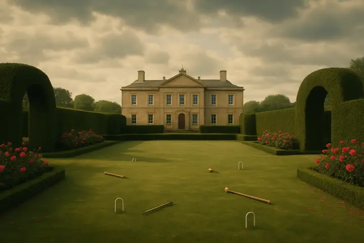 An absurdly formal croquet lawn stretches under a brooding sky, its hedges clipped into jaunty arches and rose-beds streaked with hurried red paint. Iron hoops and scattered mallets lie askew on the damp grass, while a squat, stern palace looms behind a belt of clipped yews. The entire ground feels staged and slightly off-kilter, as if frozen mid-commotion.