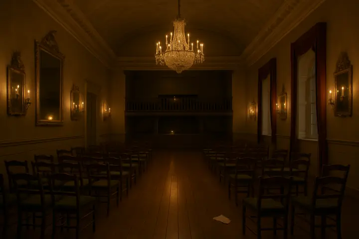 The interior of a provincial assembly room: a high stuccoed ceiling, ornate cornices and gilt mirrors that double the warm, wavering candlelight. A polished sprung floor stretches between rows of folding chairs to a raised musicians' gallery, the scuffed boards and a stray programme on a chair bearing witness to an evening's ceremonies.