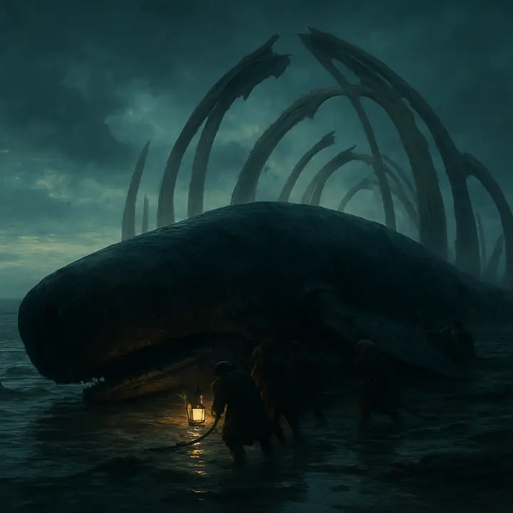 On a shallow shore a great dead whale lies half-towed; local figures huddle and scramble behind its bulk, using the carcass as a shield while hauling it toward land. The whale’s vast outline forms a dark barrier against a pale coastline, suggesting both bounty and menace. 