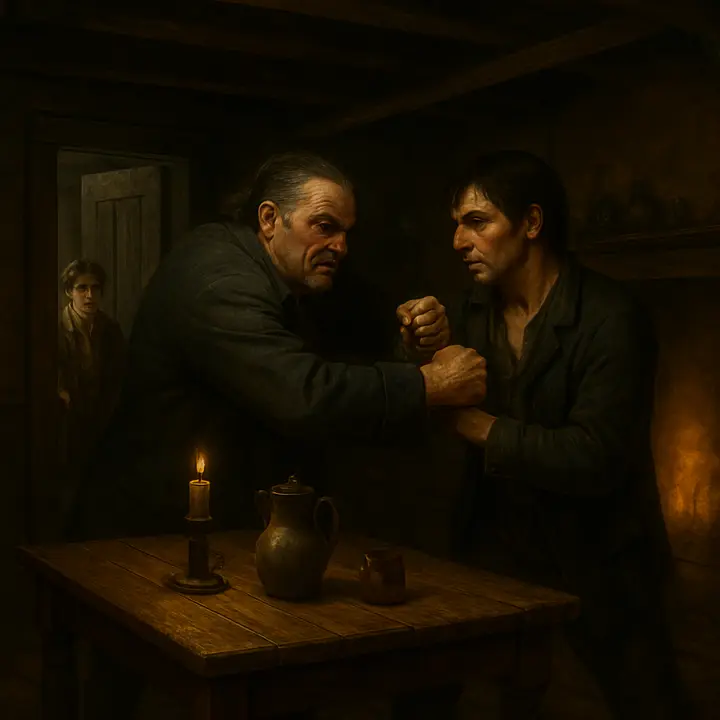 A burly, sinister Black Dog looms over the gaunt, sea‑worn Billy Bones in the dim, smoke‑filled parlour of the inn; their fists meet in a sudden, vicious grapple while a terrified young Jim Hawkins cowers by the door, candlelight throwing long shadows. Bits of spilled ale and a toppled chair emphasize the chaos of the encounter.