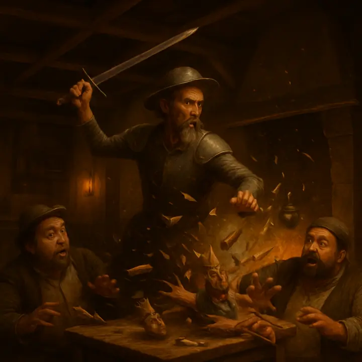 Don Quixote springing up in a flash, sword drawn, leaping onto the puppet stage and delivering furious blows that send painted heads, limbs, and splintered boards flying in a chaotic spray. Sancho recoils in terror at the mayhem while the innkeeper ducks and cries out; puppet kings are split, a Moorish figure loses its head, and a small ape scrambles for the rafters. Splinters, torn cloth and flying puppetry pieces fill the air as the knight’s single-minded fury transforms make-believe into violent reality.