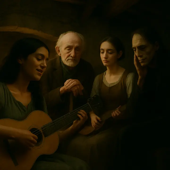 Inside the dim, humble cottage Safie sits at the old man's feet and plays the guitar; her song swells and falls like a nightingale, drawing tears of sorrow and delight from listeners. Agatha takes the instrument afterwards and sings more simply; the Creature crouches unseen in a corner, overcome, wiping tears while absorbing the music and the tender domestic scene.