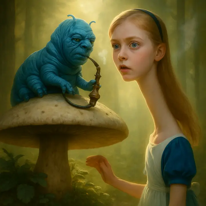 A vast, pale mushroom in a sun-dappled clearing: a languid Caterpillar lounges on the cap, blowing glossy rings of hookah smoke and asking Alice, coldly, 'Who are you?'. Alice peeps over the rim, nibbling pieces from the mushroom that make her violently shrink and then stretch into an impossibly long neck among the tree‑tops, bewildered by the physical jolts.