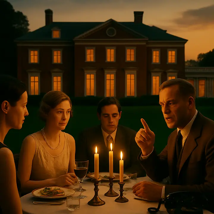 A rosy porch at sunset with four candles flickering as the group moves to dine; Tom bursts into a harsh, forceful lecture on racial hierarchy while Daisy responds with a sad, knowing wink and the conversation fractures. A telephone call cuts through the scene, bringing a sudden, brittle tension and an undercurrent of scandal.