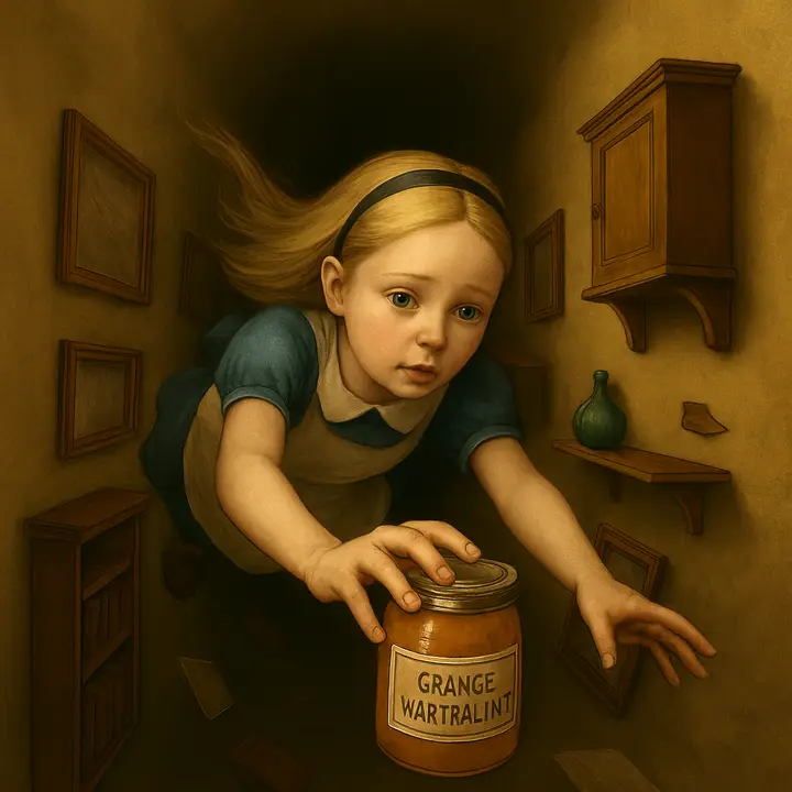 Alice is falling through the long, vertical rabbit-hole tunnel, descending slowly past shelves, cupboards, maps and framed pictures nailed to the walls. She reaches out to take down a jar labelled "ORANGE MARMALADE" and, worried about dropping it, slides it into a passing cupboard as she continues to fall amid a rain of odd household objects. Convey the surreal, leisurely quality of the fall and the dizzying verticality of the tunnel lined with domestic clutter.